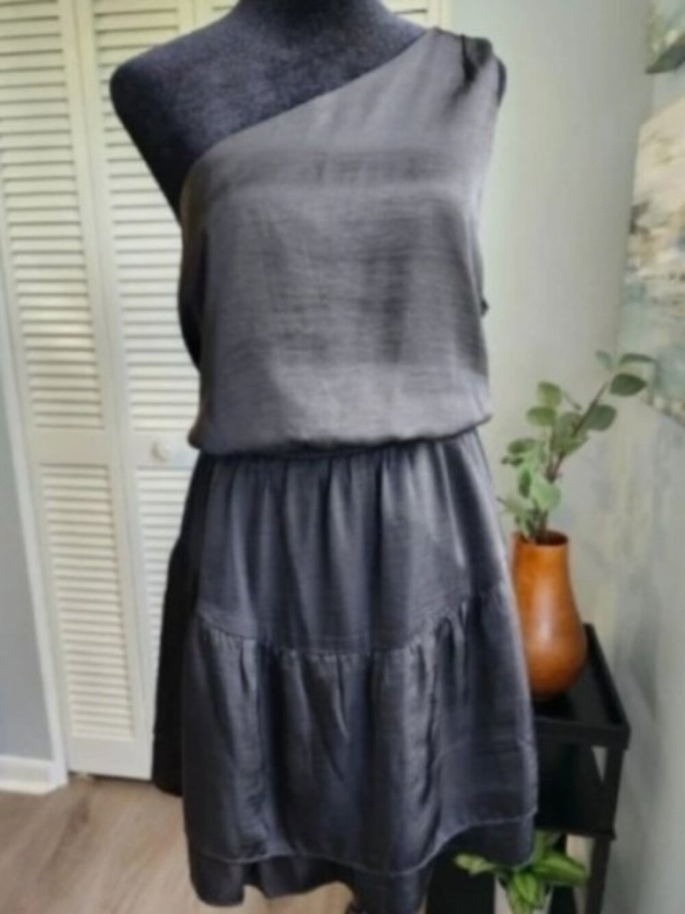 Steve Madden Black Satin Mini Dress One Shoulder Large Cocktail Night Out